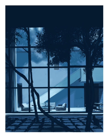 Illustration of New York windows with living room, blue light.