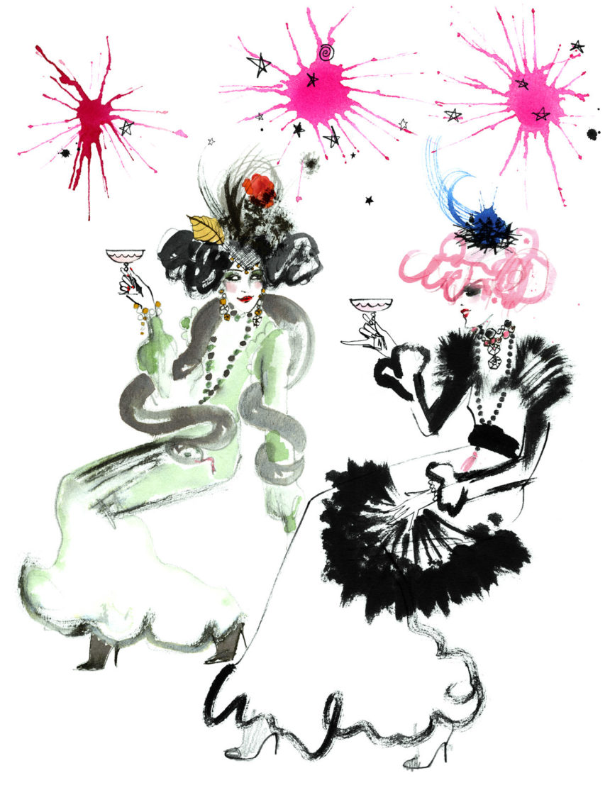 Illustration of Mademoiselle Oiseau with sister and firework by Lovisa Burfitt