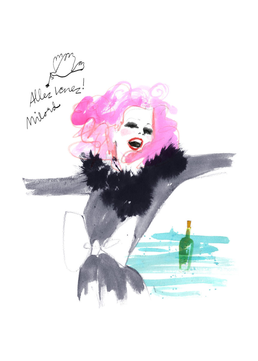 Illustration of Mademoiselle Oiseau pink hair and bottle post by Lovisa Burfitt