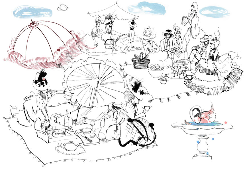 Illustration of Mademoiselle Oiseau and picnic by Lovisa Burfitt