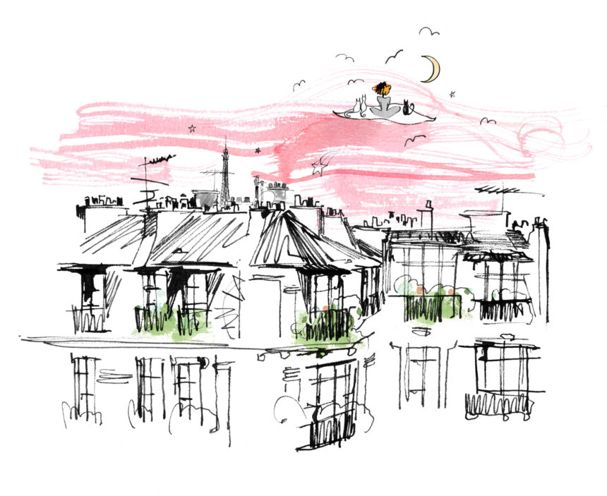 Illustration of Mademoiselle Oiseau on flying mat over Paris by Lovisa Burfitt