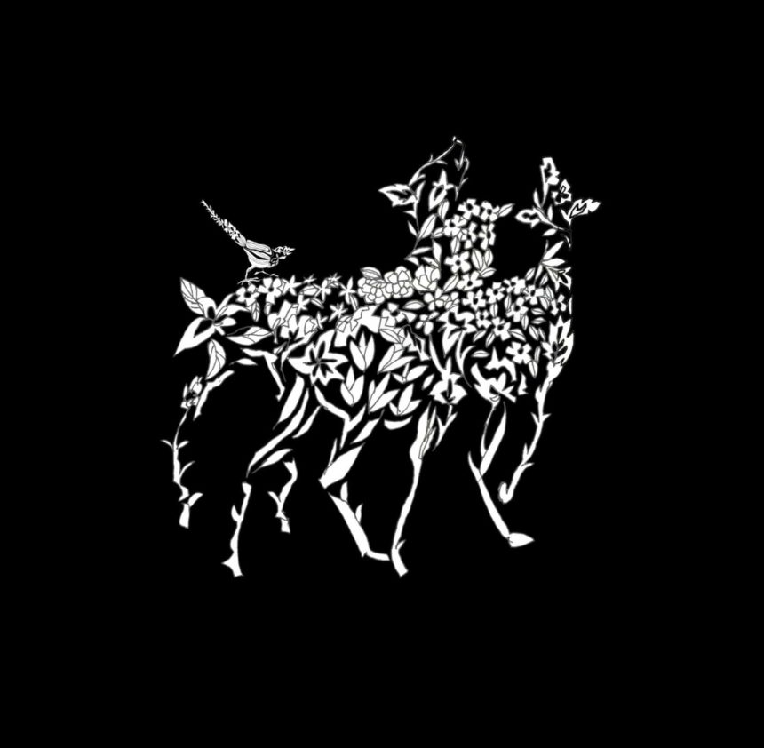 Illustration de feuilles blanches formant les silhouettes de deux cerfs, sur fond noir.