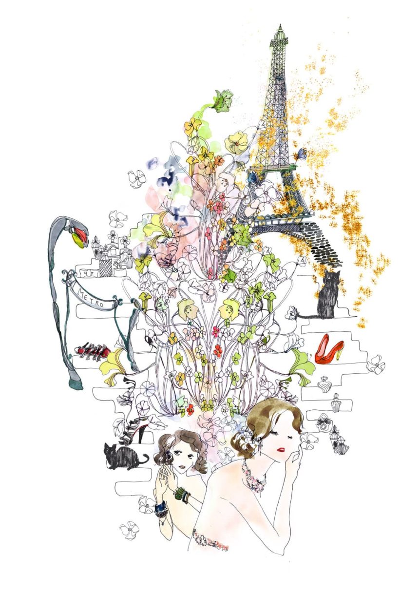 Illustration de deux femmes devant plein de fleurs, une bouche de métro parisien et la Tour Eiffel.