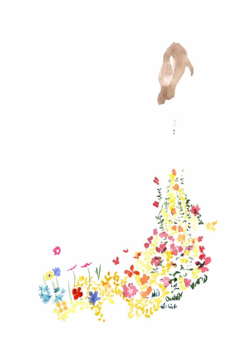 Illustration délicate d'une femme avec jupe composée de fleurs.