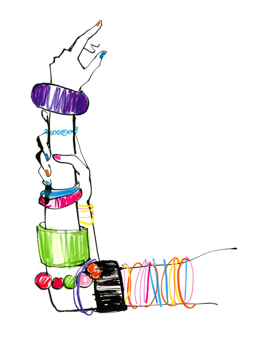 Illustration of arm with colored bracelets.