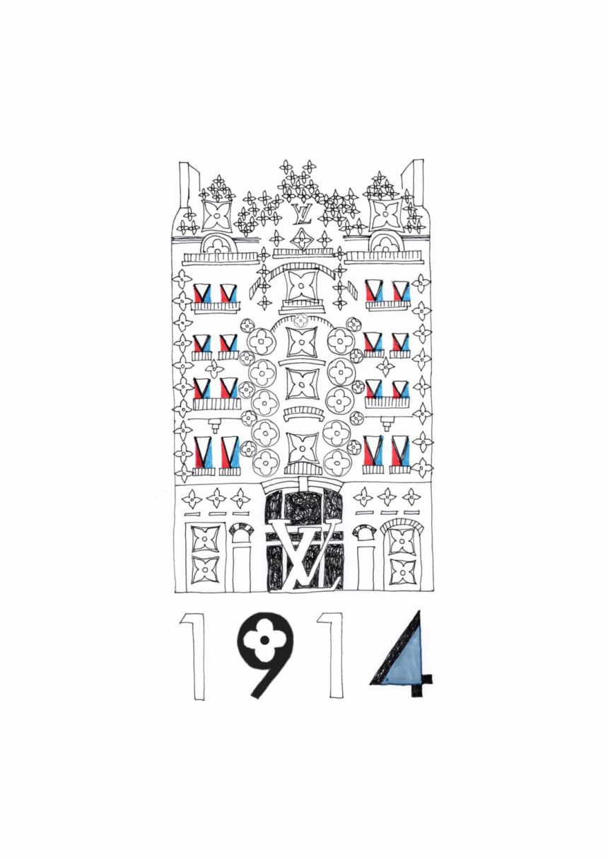 Illustration de la façade Louis Vuitton avec monogramme et 1914.