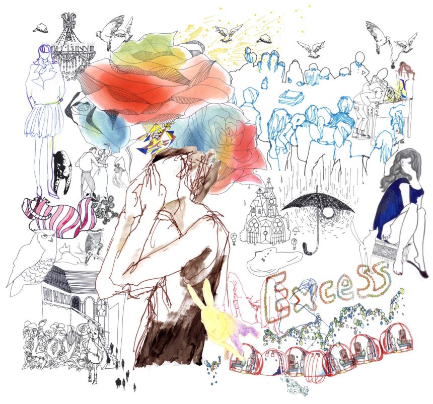 Composition d'illustrations avec une femme qui se cache le visage et le mot Excess.