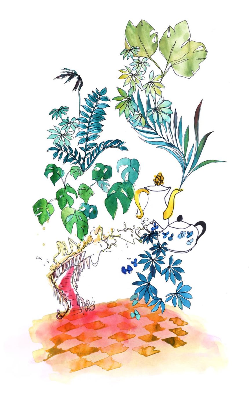 Illustration de deux théières entourées de feuillages.