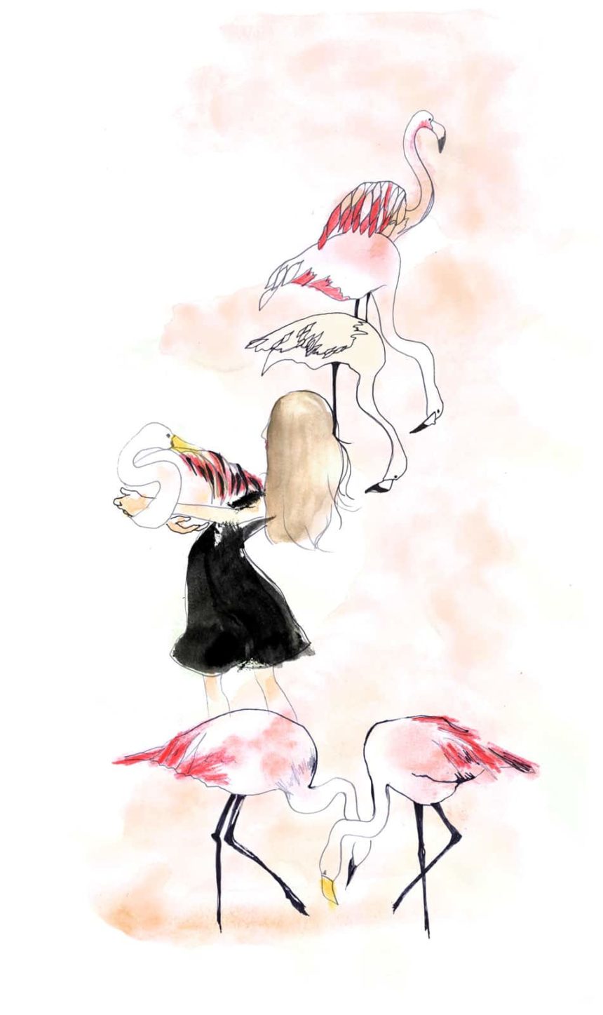 Illustration en aquarelle d'une fille entourée de flamands roses.