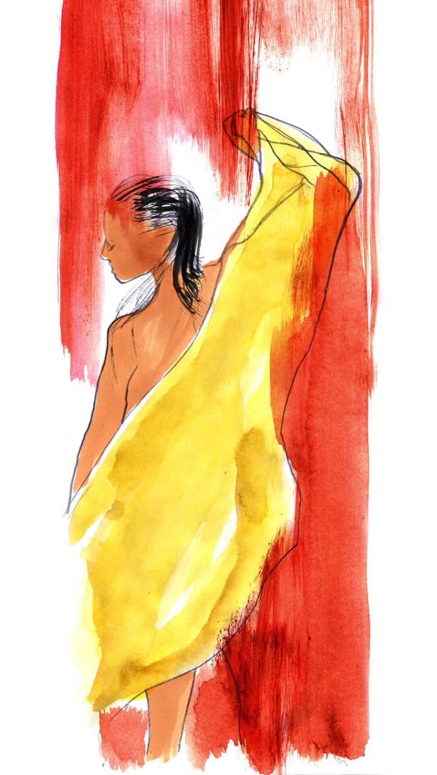 Illustration d'aquarelle d'une femme qui se sèche avec une serviette jaune.