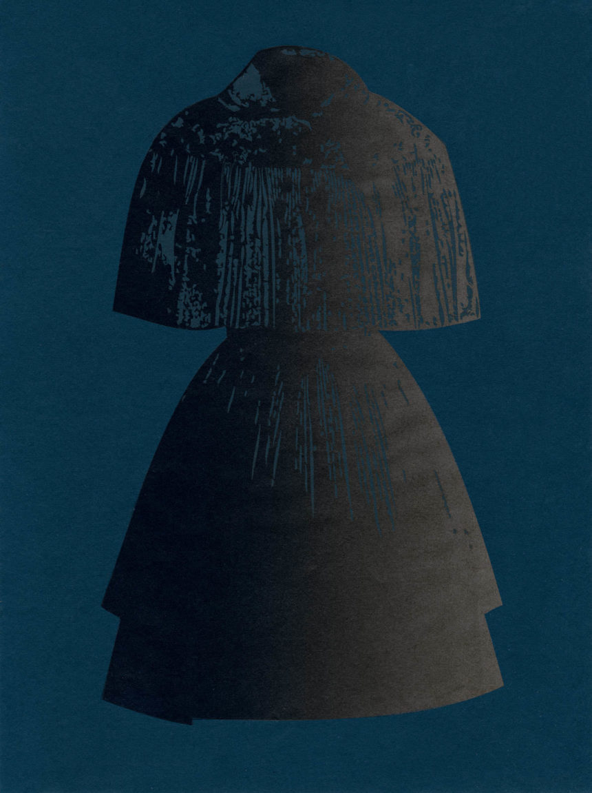 Etching print illustration of Alaïa dress for Alaïa perfume by fashion illustrator Aurore de La Morinerie