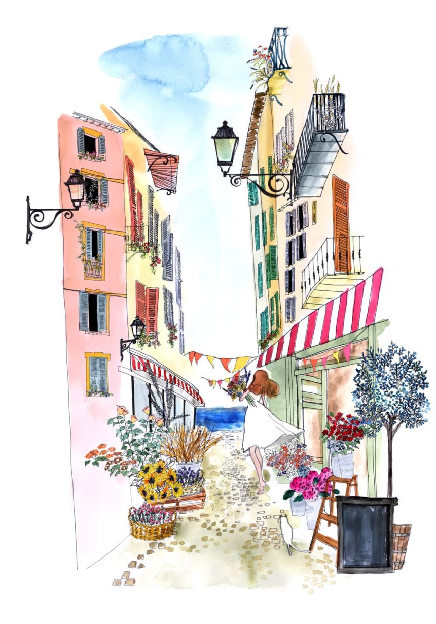 Illustration colorée de ruelle Méditerranée.