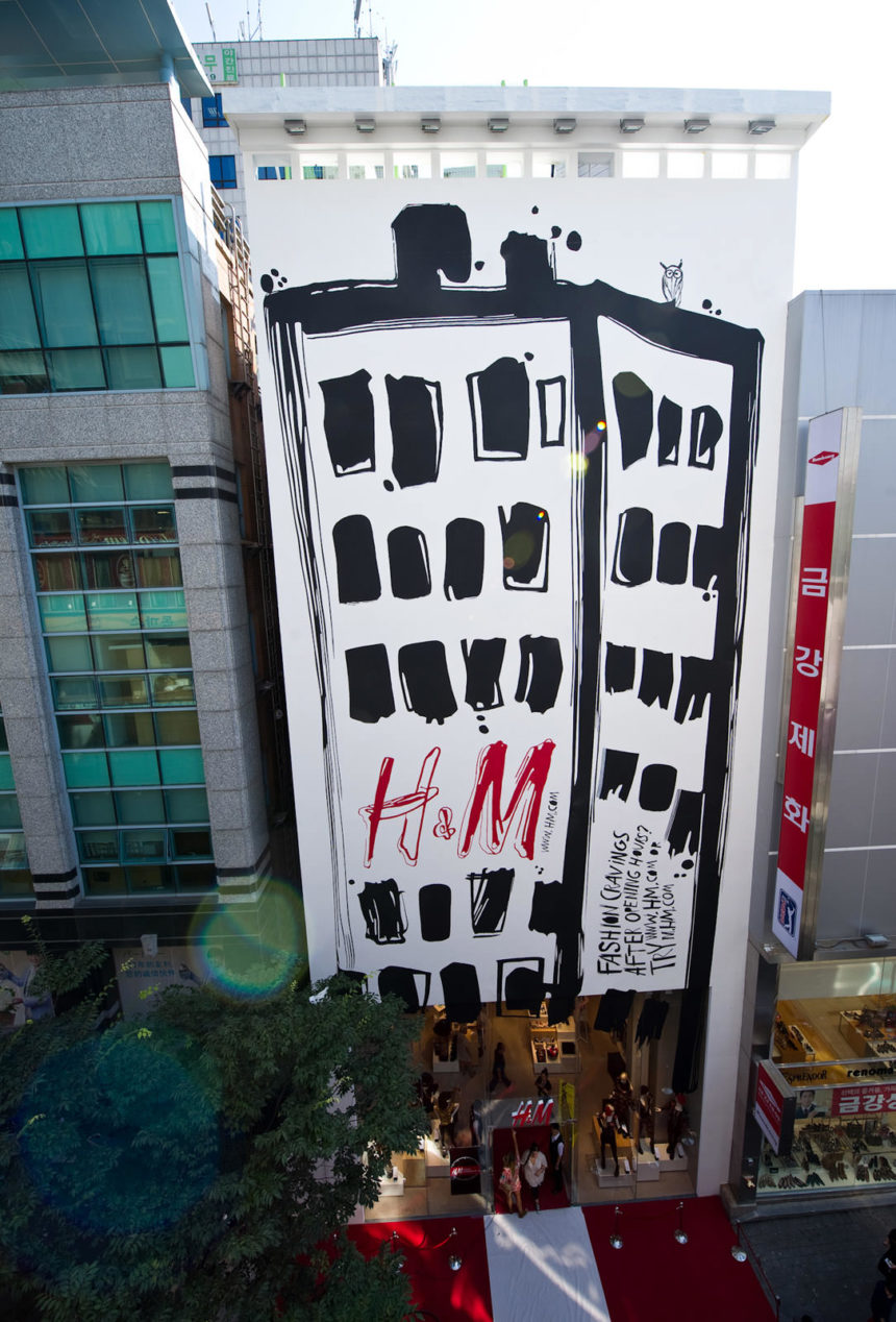 H&M facade with illustration by Lovisa Burfitt