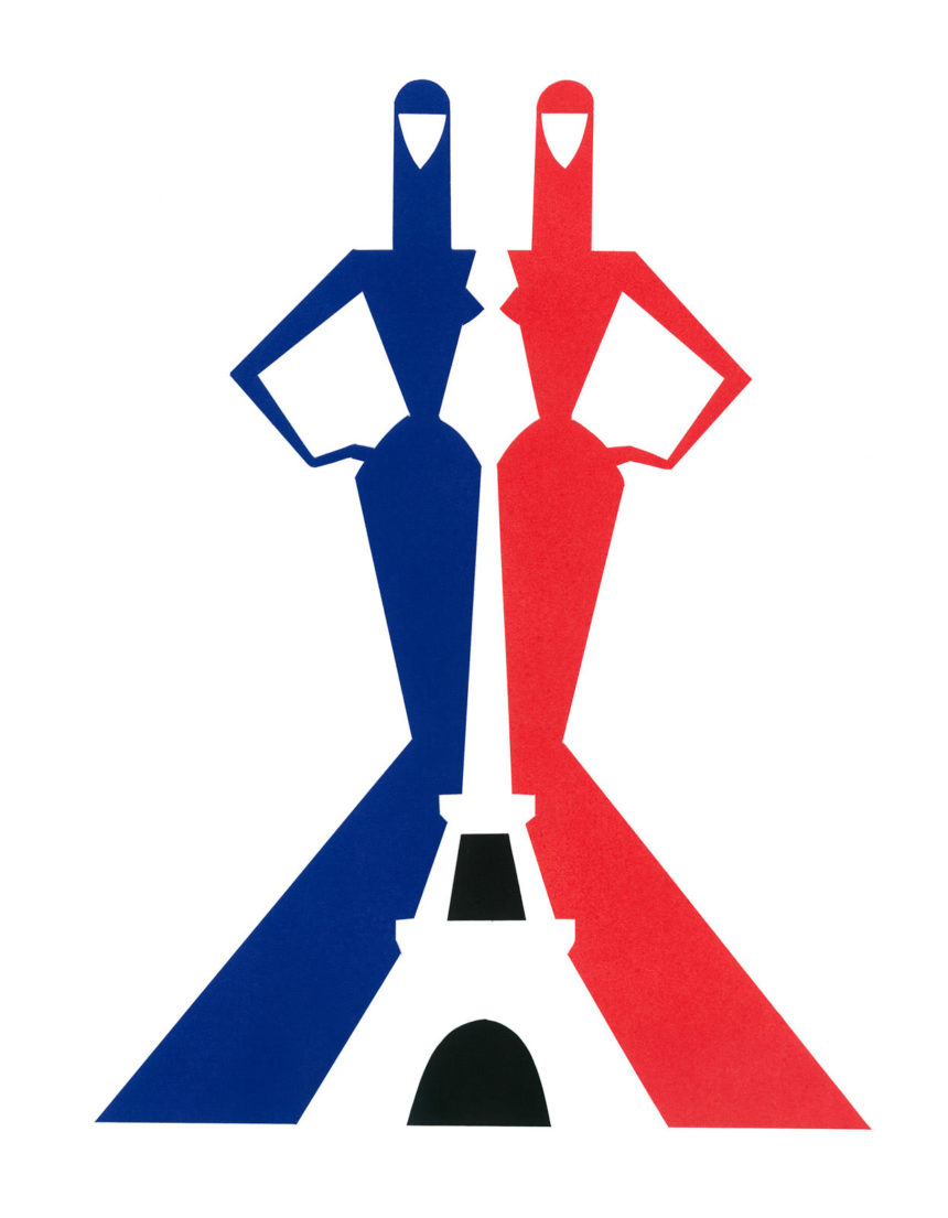 Graphic illustration of two women creating the Eiffel tower shape.