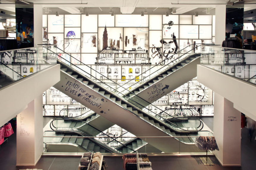 H&M regent street escalators and wall graphics by Lovisa Burfitt