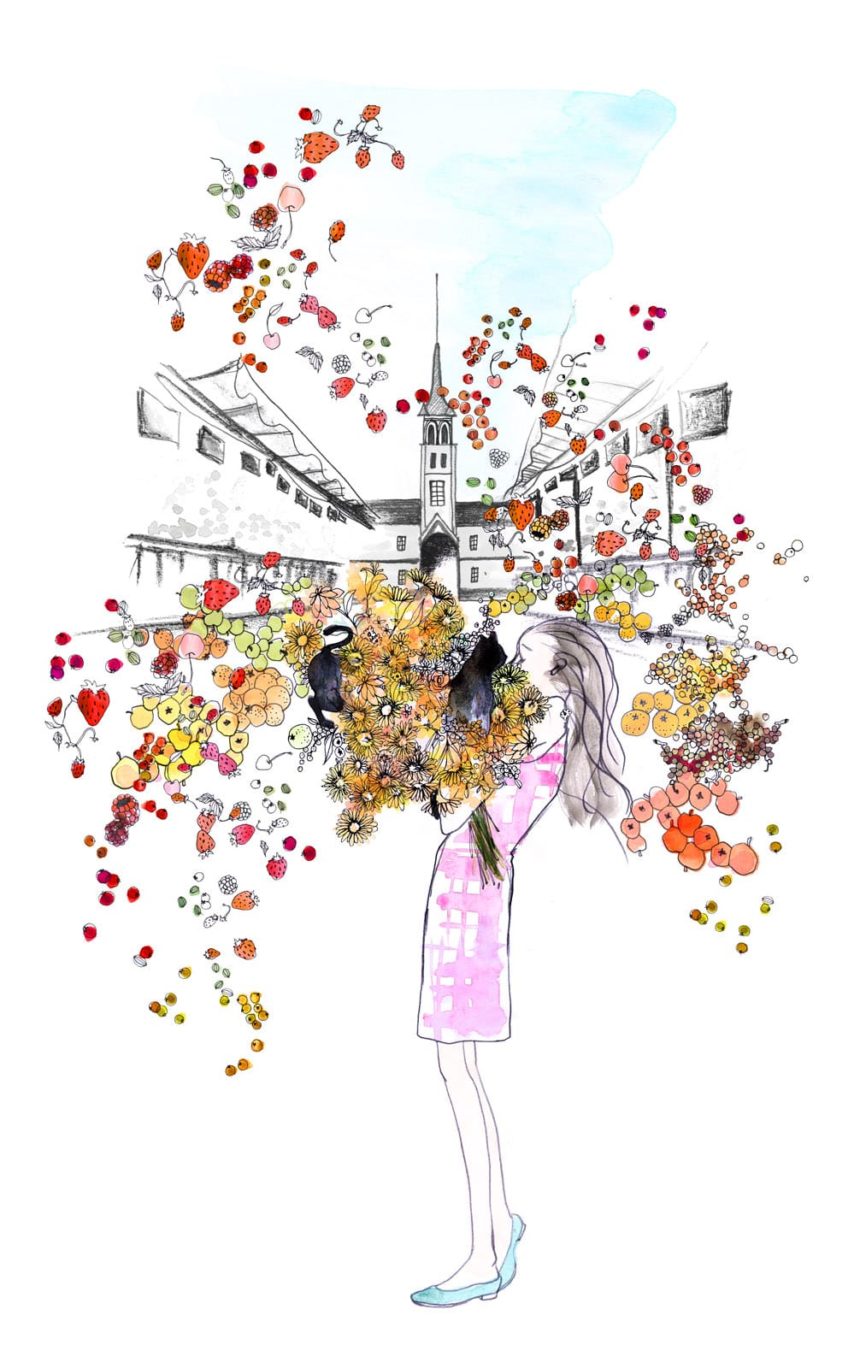 Illustration d'une femme qui tient un nuage de fleurs.