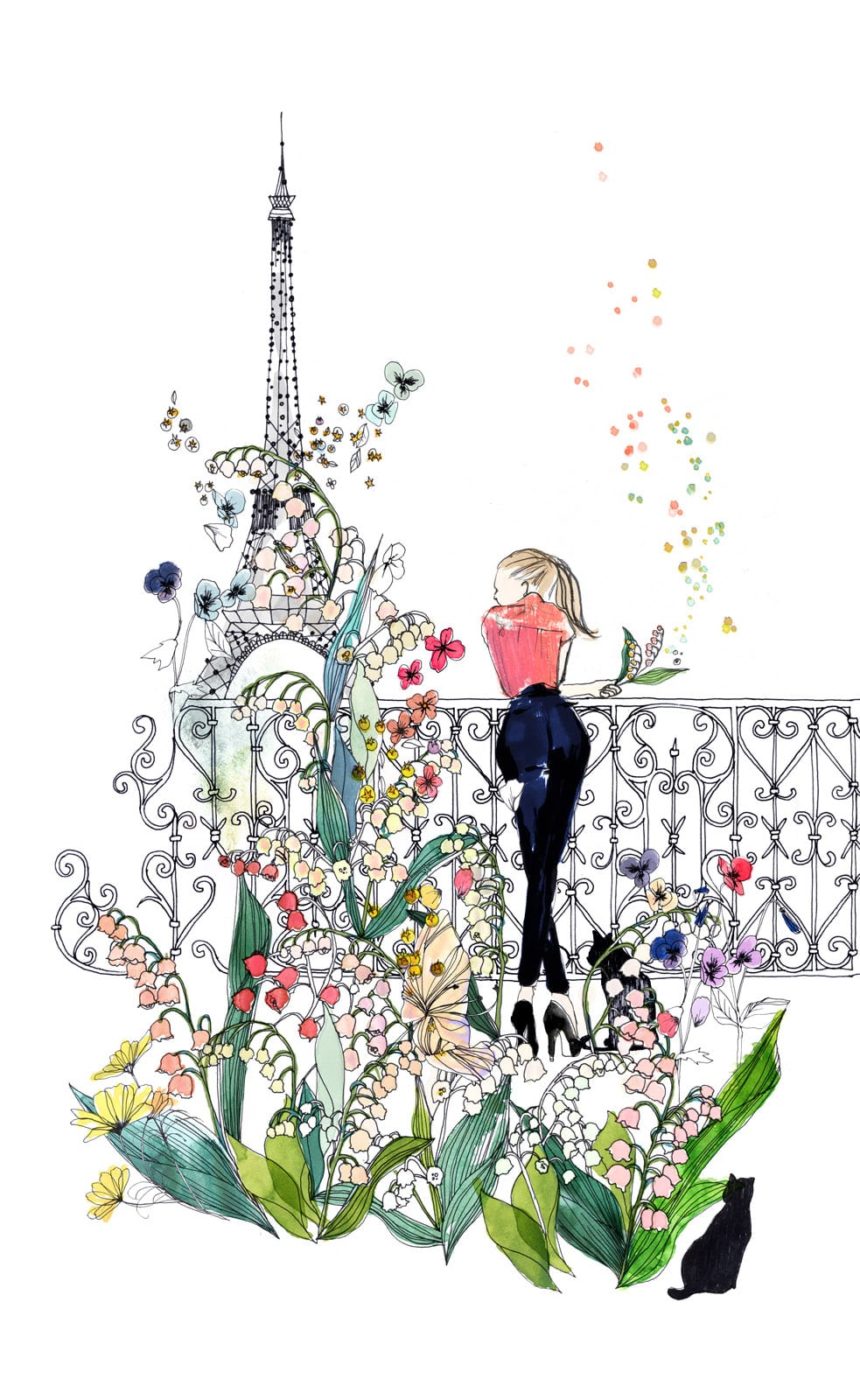 Illustration d'une femme de dos regardant la Tour Eiffel dans un environment fleuri.