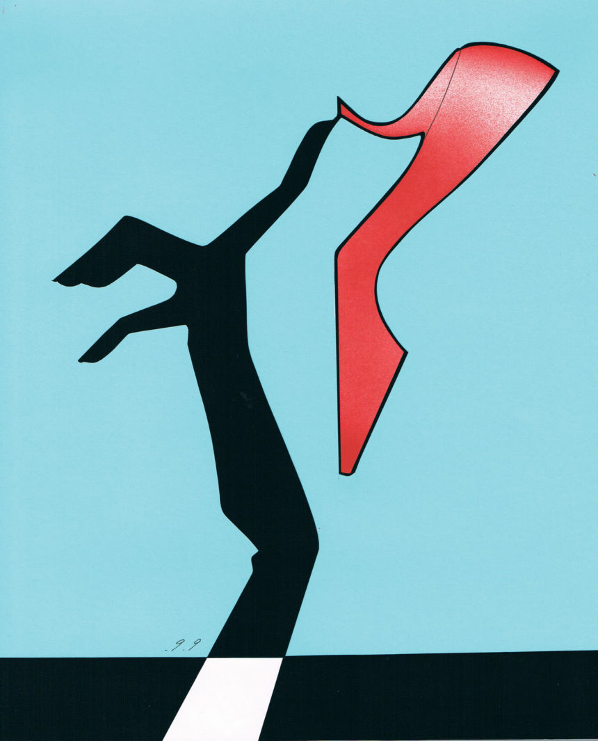 Graphic illustration of hand and a red shoe.