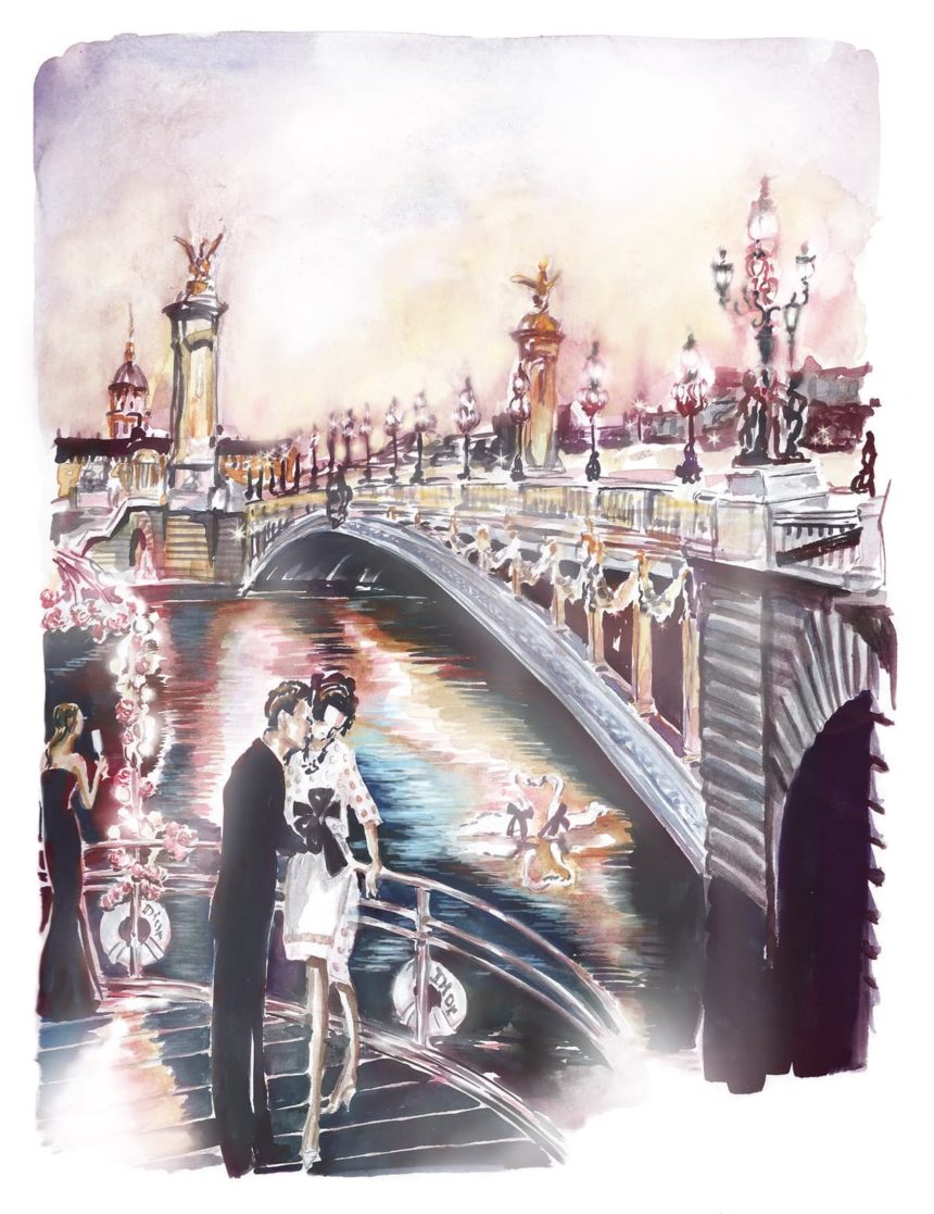 Illustration en aquarelle d'un pont à Paris.