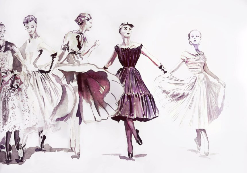 Illustration de femmes habillées en Dior.
