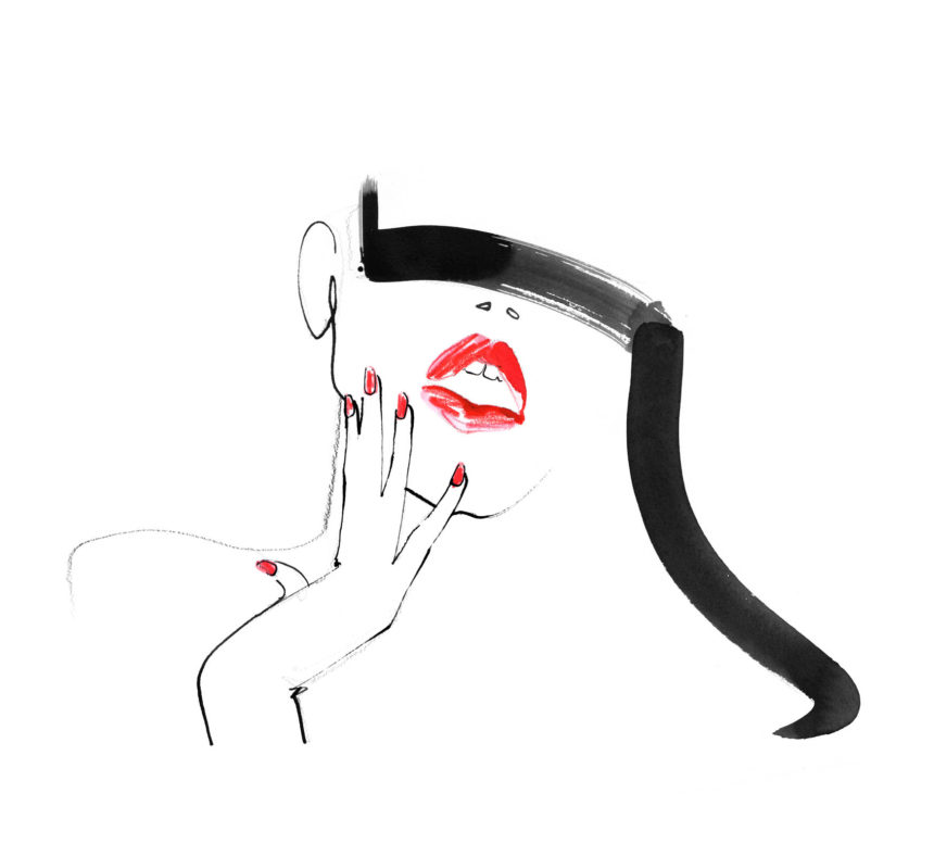 Illustration of woman's face with red lips and black bang.