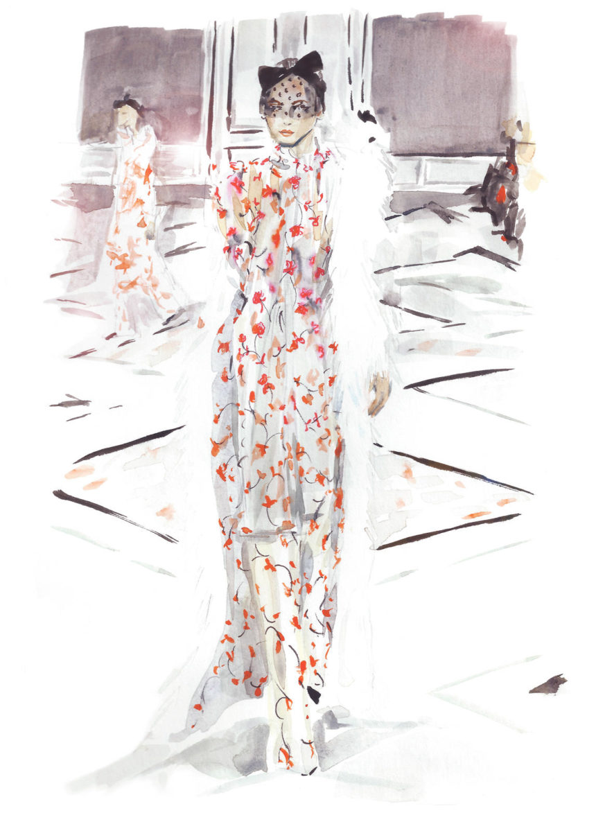 Illustration d'une femme en robe couture sur un podium.