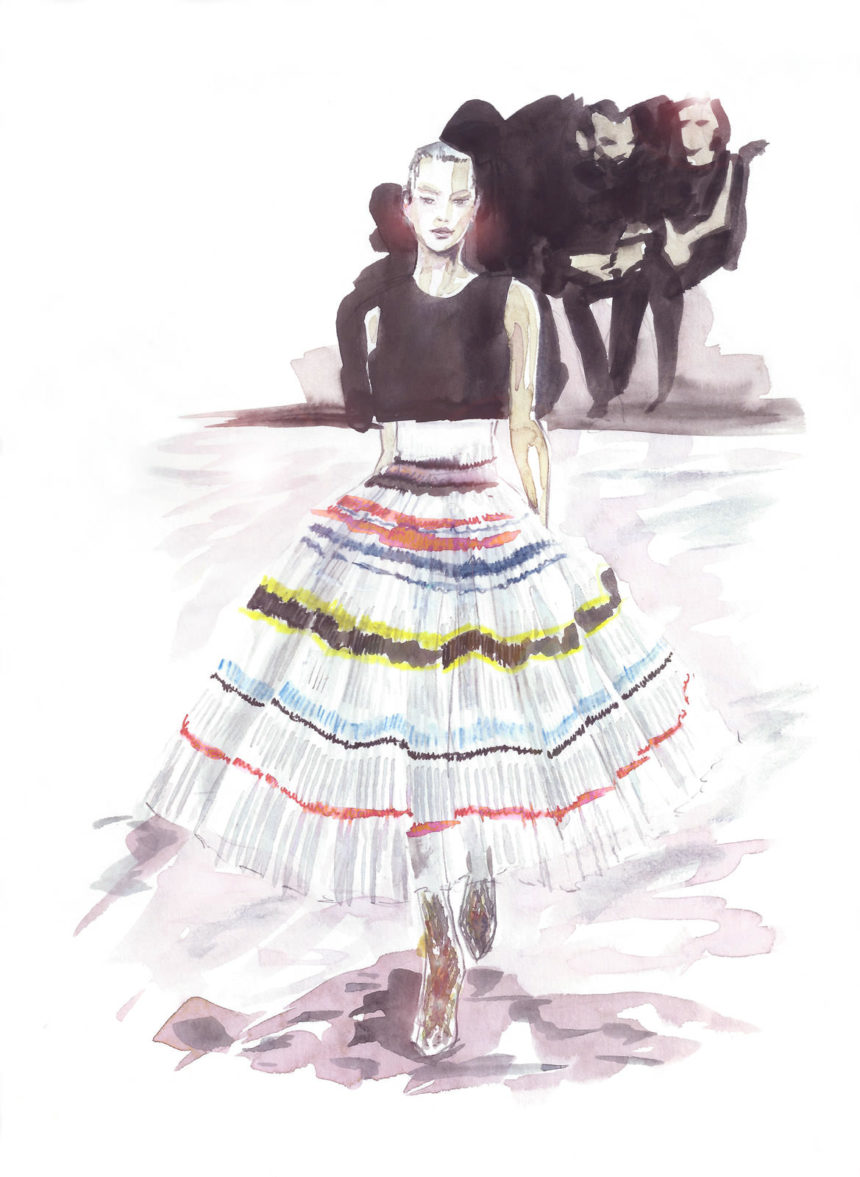 Illustration d'une femme en robe couture sur un podium.