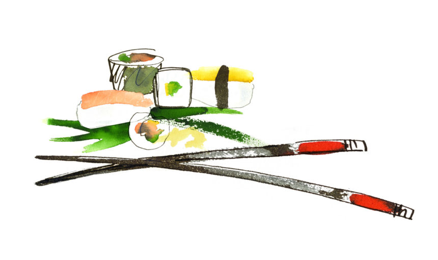 Ink illustration of sushi and chopsticks