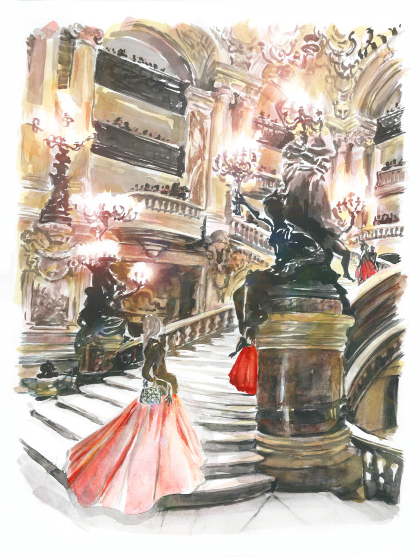 Illustration en aquarelle de l'entrée de l'Opéra Garnier.
