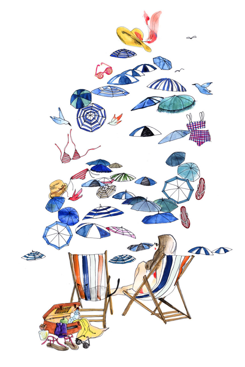 Illustrations de deux chaises de plage et plein de parasols colorés.