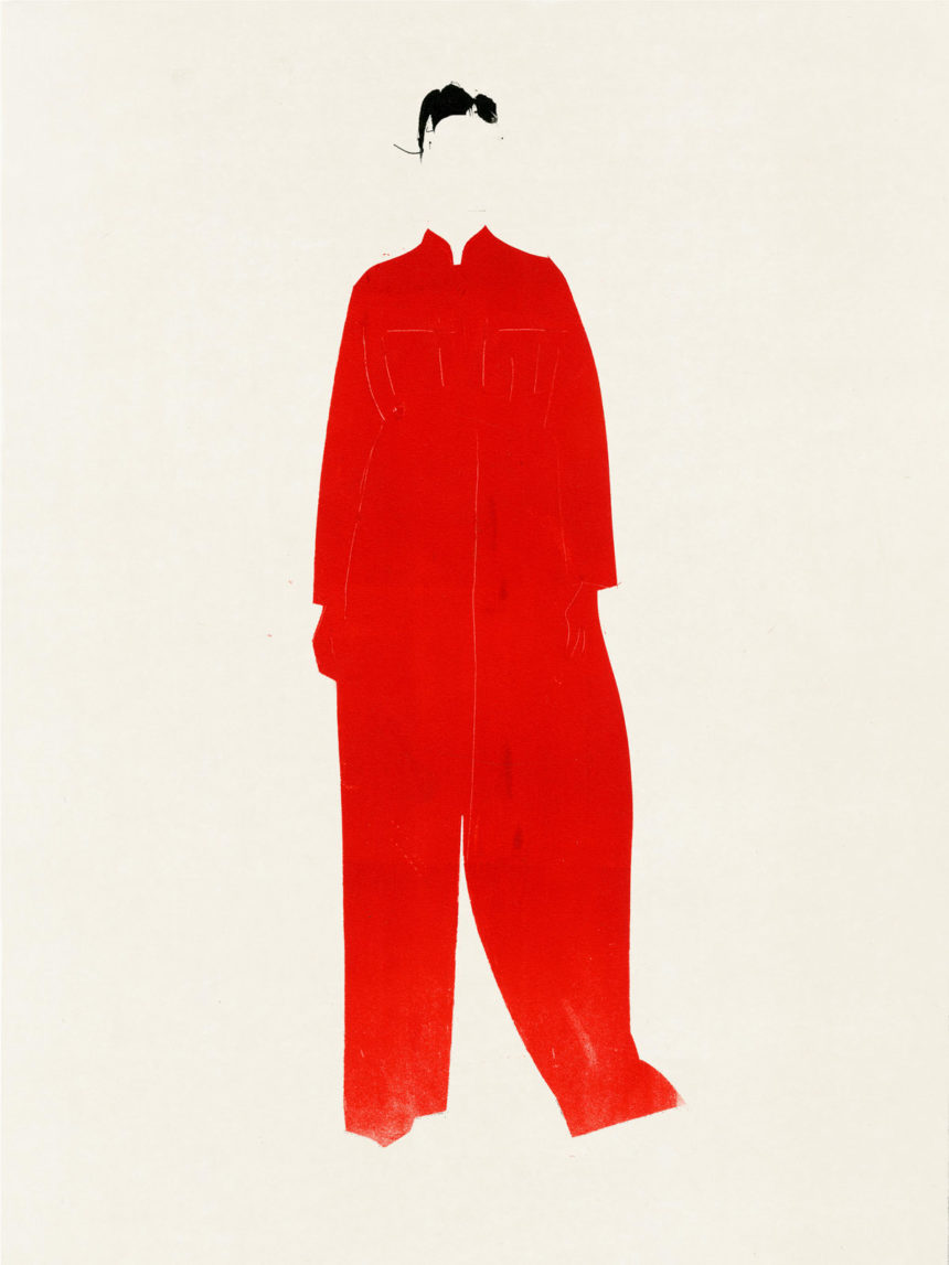Illustration of woman in red Margiela Galliano dress.