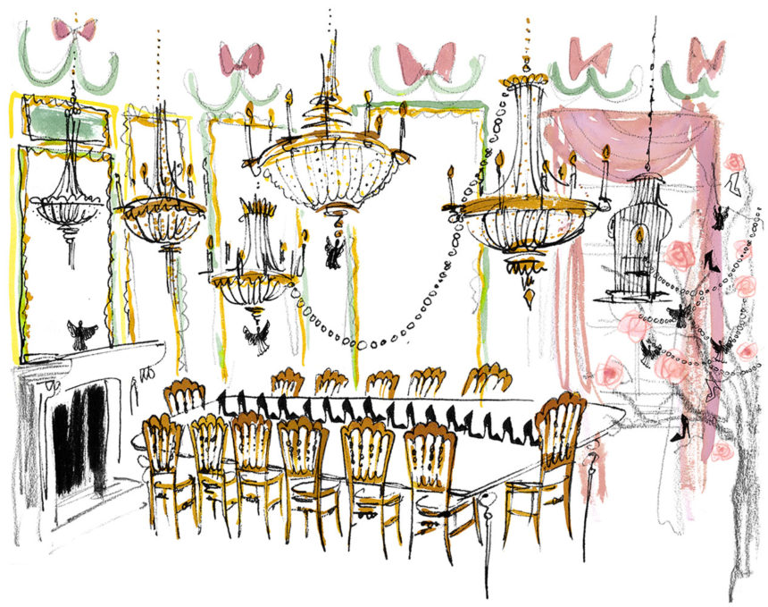 Illustration of Mademoiselle Oiseau's living room by Lovisa Burfitt