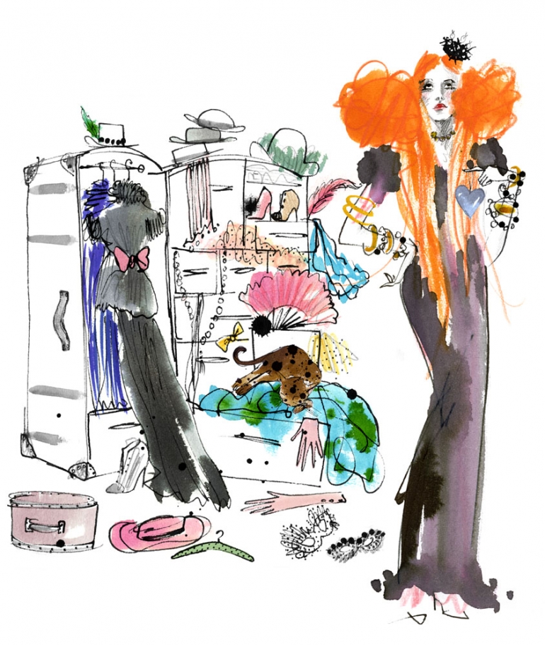 Illustration of Mademoiselle Oiseau with wardrobe by Lovisa Burfitt