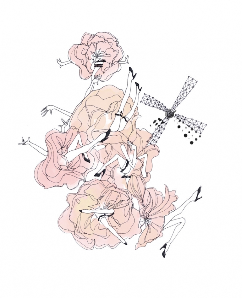 Illustration de fleurs roses et des jambes cancan devant le Moulin Rouge.