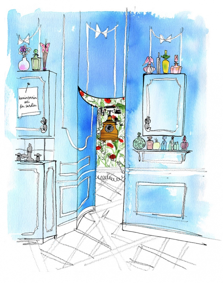 Illustration of Mademoiselle Oiseau's interior by Lovisa Burfitt