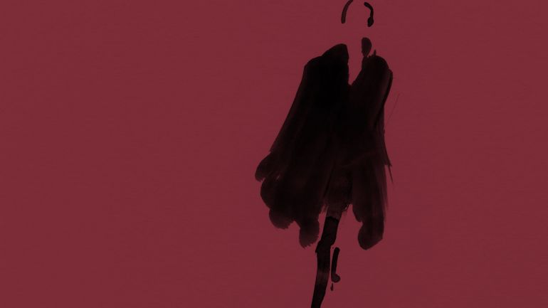 Ink illustration of woman in black dress, walking. By Aurore de La Morinerie for H&M gift cards.