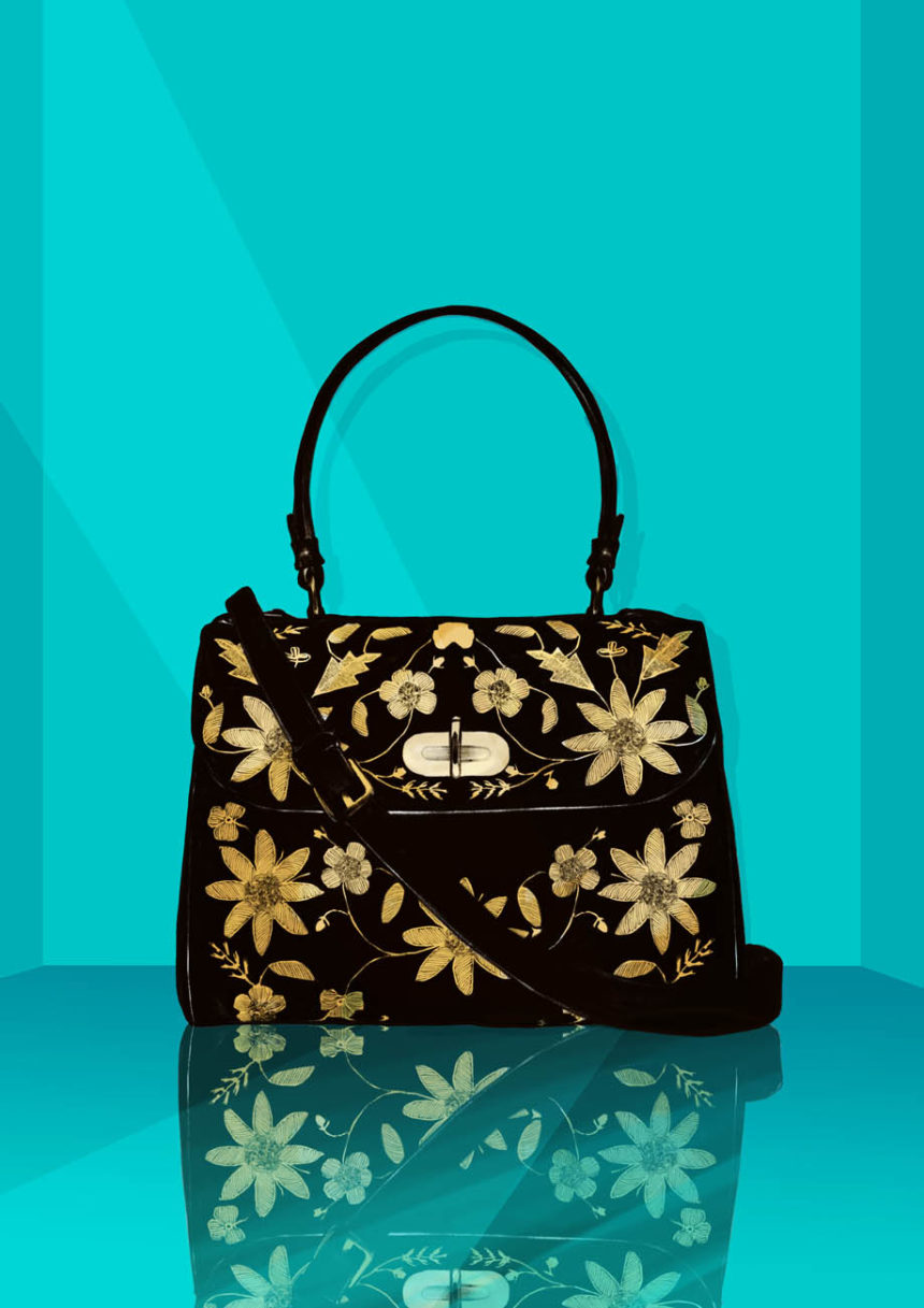 Illustration of Ralph Lauren handbag on turquoise background, for the Comité Montaigne brochure 2016.