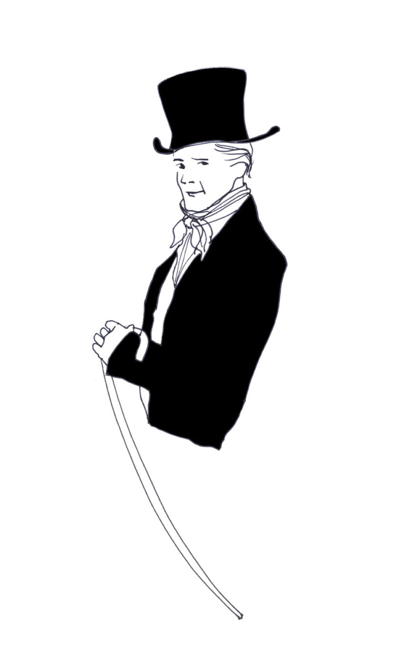 Illustration d'un homme avec chapeau noir et canne pour le Portraits Family des parfums Penhaligon's.