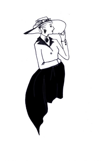Illustration d'une dame portant un chapeau et jupon noir.
