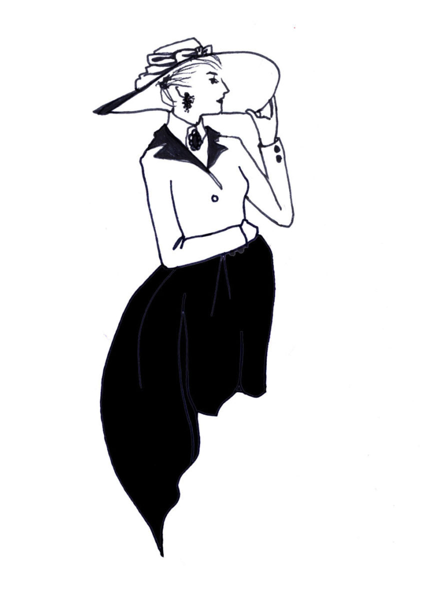 Illustration d'une dame portant un chapeau et jupon noir.