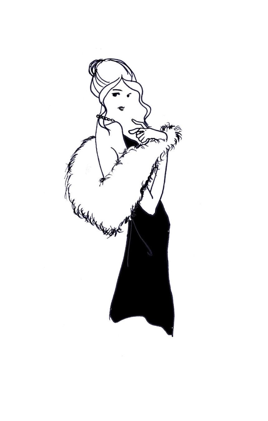 Illustration d'une femme avec avec robe noire et étole en fourrure blanche pour le Portraits Family des parfums Penhaligon's.