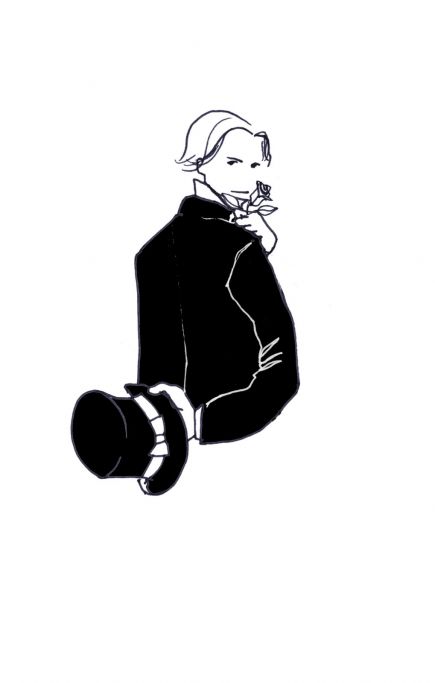 Illustration au stylo noir d'un homme portant son chapeau à la main, regardant sur son épaule.