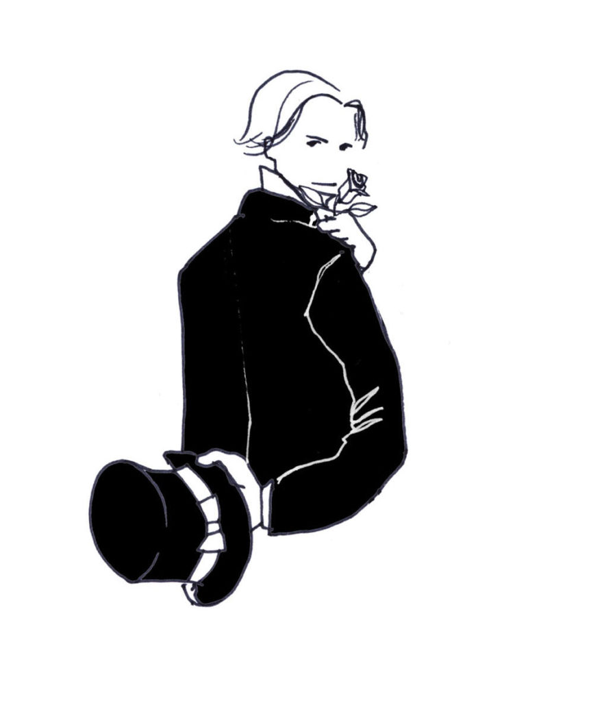 Illustration au stylo noir d'un homme portant son chapeau à la main, regardant sur son épaule.