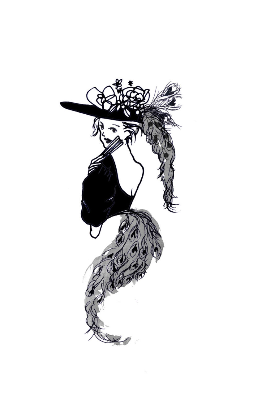 Illustration d'une jeune femme portant un chapeau avec fleurs, un éventail et une jupe en plumes de paon.