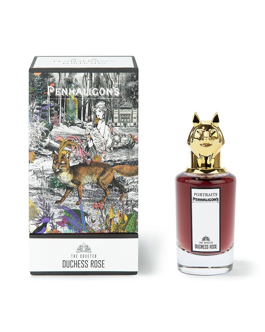 Flacon avec tête de renard et étui du parfum Duchess Rose de Portraits Family de Penhaligon's.