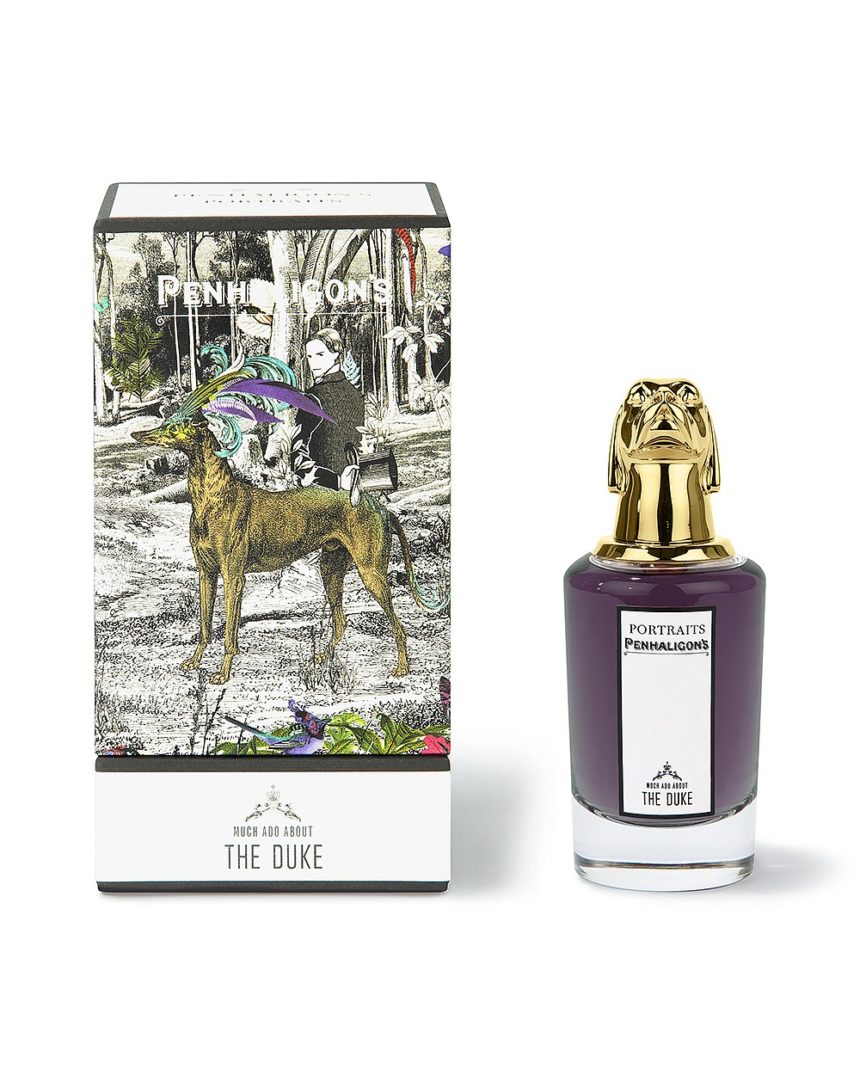 Flacon avec tête de chien et étui du parfum The Duke de Portraits Family de Penhaligon's.