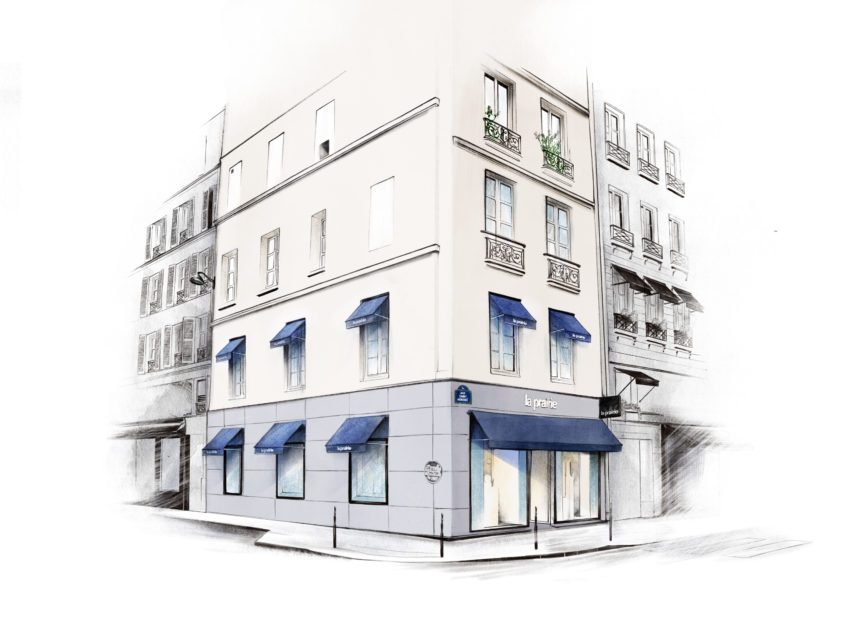 Illustration of the La Prairie shop on rue Saint Honoré in Paris, by Spiros Halaris.