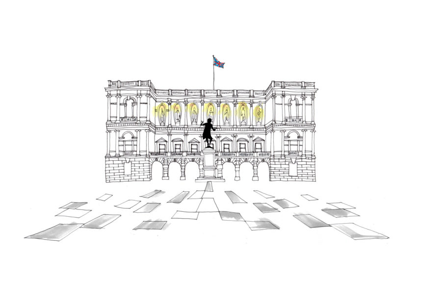 Pencil illustration of The Royal Academy with yellow highlights on statues.