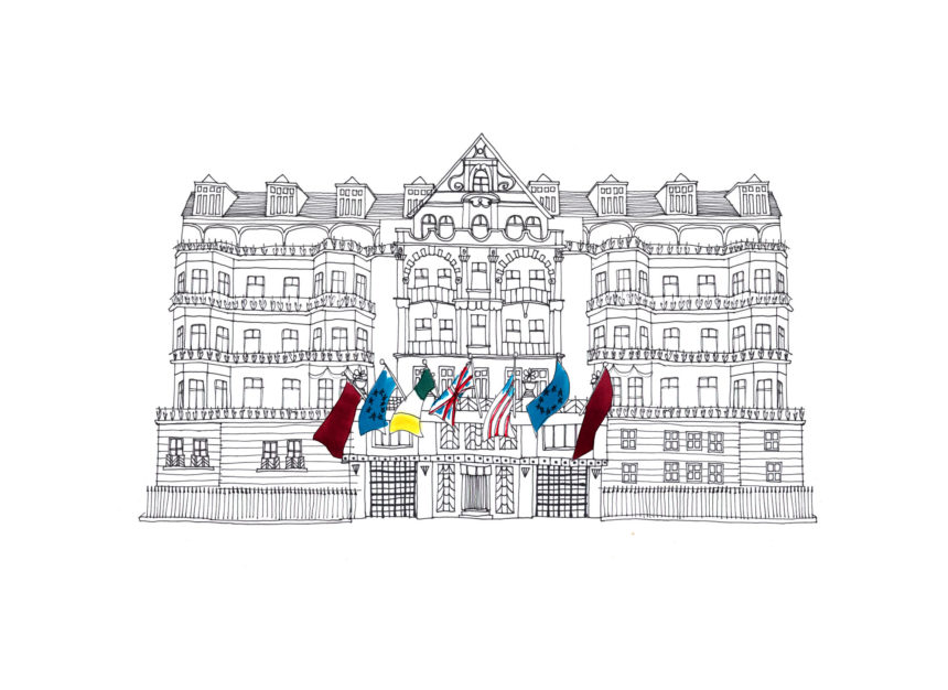 Illustration de l'Hotel Claridges avec des drapeaux en couleur devant.