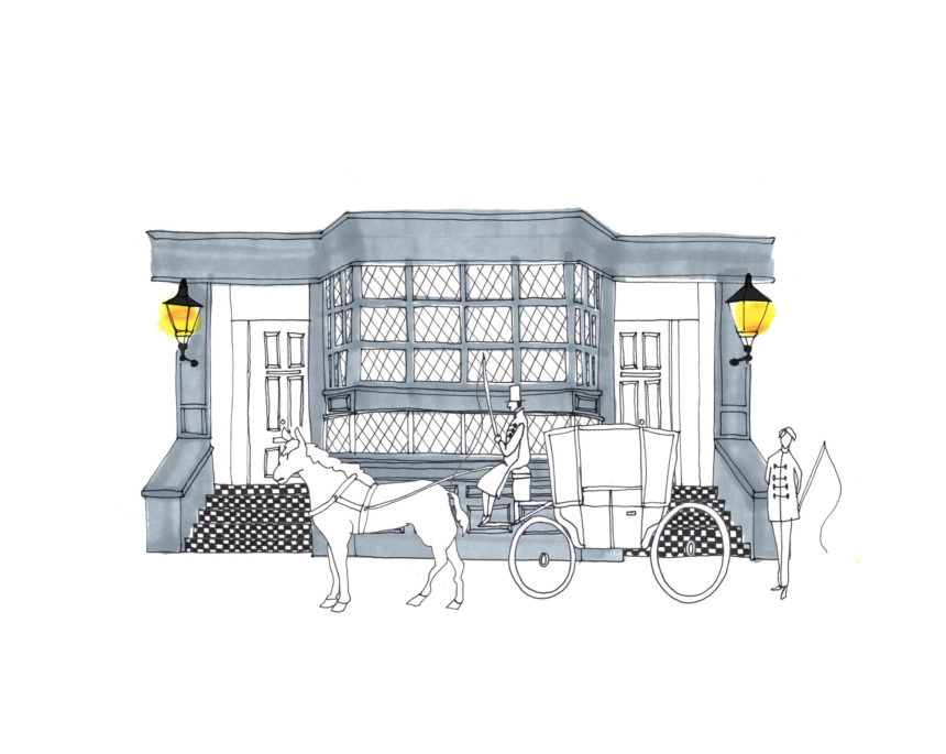 Illustration d'une façade de magasin avec cheval et calèche devant.